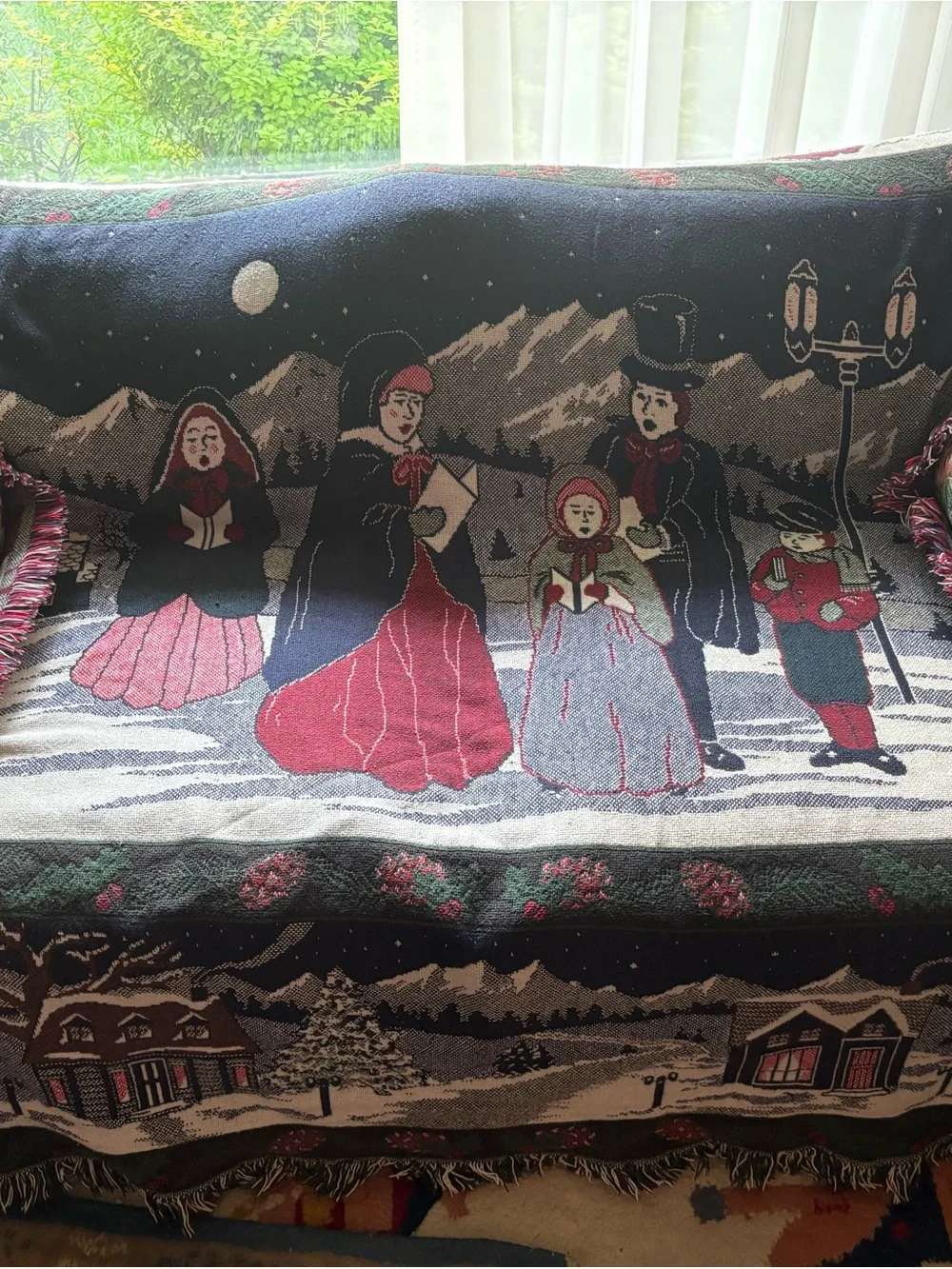 Reversible Holiday Carolers Woven Throw Blanket/Loveseat Cover